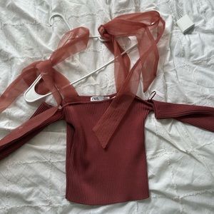 Zara- off the shoulder top- tie bows on shoulder
